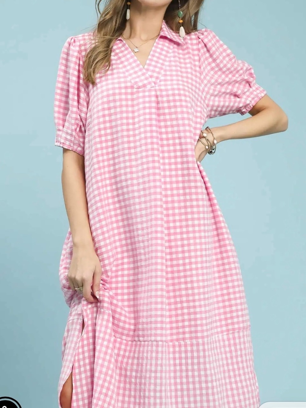 Umgee Pink and White Gingham Shirt Dress - Picture 2 of 2